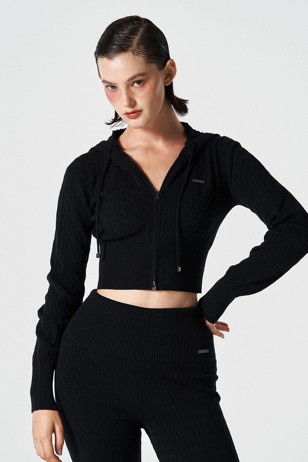 Womens Cable Knit Crop Hoodie Zip-Up