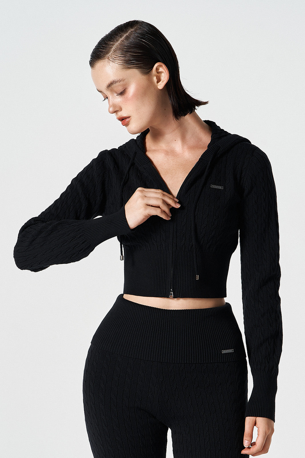 Womens Cable Knit Crop Hoodie Zip-Up