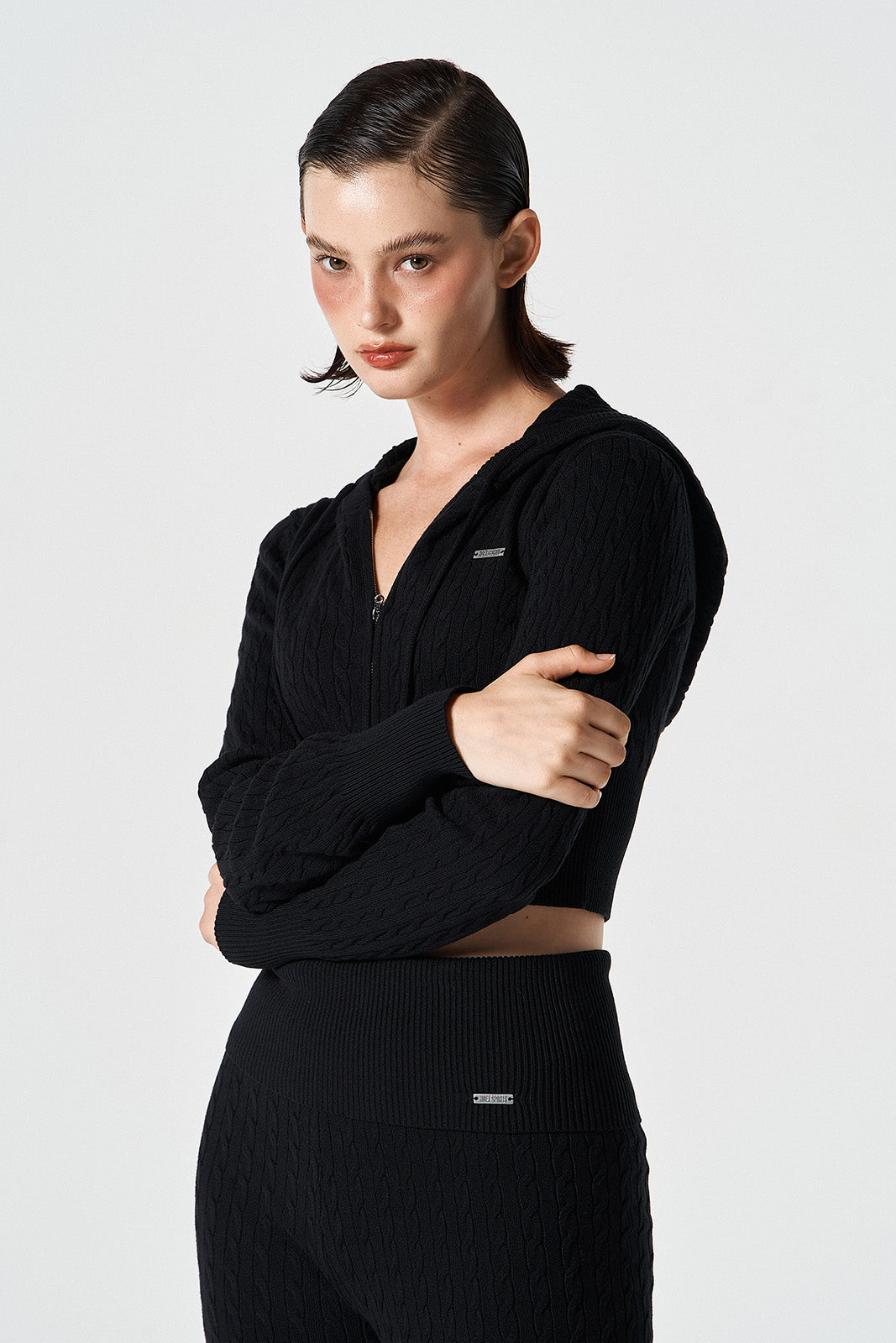 Womens Cable Knit Crop Hoodie Zip-Up